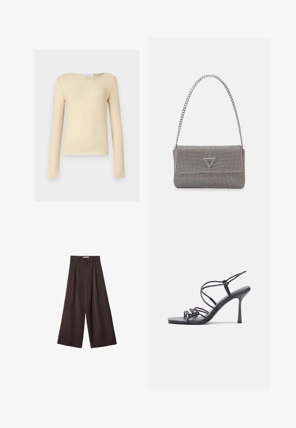 Langarmtop van zacht, gladbeige stof. Heeft een ronde halslijn en een aansluitend ontwerp. Minimalistisch zonder opvallende patronen of accenten.; Zwarte wijde broek met hoge taille, voorzien van plooien aan de voorkant en een knoopsluiting in de taille, gemaakt van een gladde stof.; Zwarte hoge hakken sandaaltjes hebben dunne banden met een geknoopt ontwerp, een gladde vierkante neus en een elegante stiletto-hak.; Lichtgrijze metallic handtas met een kettingriem, versierd met kleine ronde metallic studs en een driehoekig merkimago.; Zilveren oorringen met een glad, glanzend oppervlak, met een gebogen vorm en een sluiting met steker. Minimalistisch ontwerp met een moderne afwerking.