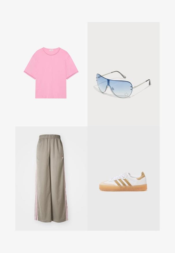 Roza majica iz mehkega bombaža z okroglim ovratnikom in kratkimi rokavi. Ima diskretne šive na ovratniku in robu.; Svijetlo maslinasto zelene široke hlače s vertikalnim prugama, elastičnim pojasom i ružičastim bočnim prugama. Imaju mali logo na bokovima.; Bela športna obutev z bež poudarki, ki vsebuje tri črte, zaobljen prst in prozoren gumijast podplat. Gladka usnjena in tekstilna materiala.; Pilotne sončne očala z gradijentnimi modrimi lečami, srebrnim kovinskim okvirjem in okrasnimi zvezdastimi detajli na lečah. Gladek in eleganten dizajn.