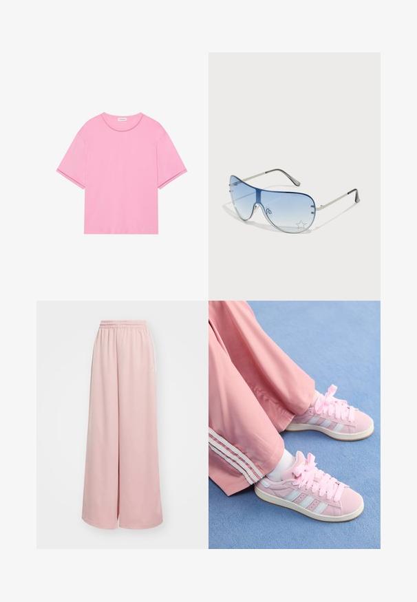 Roosa T-särk pehmest puuvillast ümmarguse kaelusega ja lühikeste varrukatega. Omab õrna õmblustetaili kaeluses ja servas.; Heledad roosad laiad püksid elastse vöökohtaga. Sile kangas küljetaskutega ja diskreetne bränding vasakul jalal.; Roosad sportlikud kingad helesiniste triipudega, ümmargune varvas ja paks roosa pael, kombinatsioonis roosade treeningpükstega, millel on valged külgtriibud.; Aviatori prillid, millel on gradient sinine objektiiv, hõbedane metallraam ja dekoratiivsed staaraktsendid objektiivil. Sujuv ja stiilne disain.