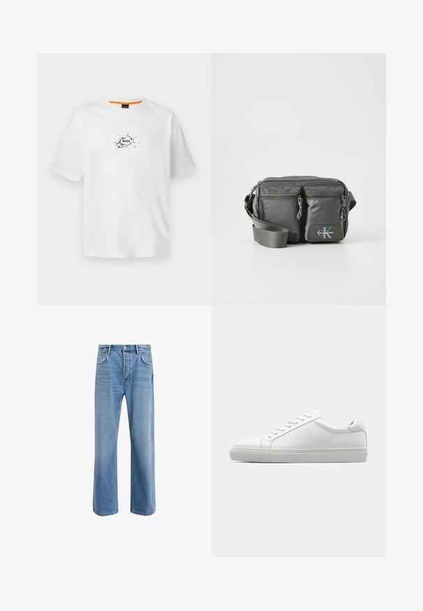 Hvit bomulls T-skjorte med rund hals, med et svart sprukket design og ordet "BOSS" i midten. Korte ermer.; Lys blå denimjeans med rett ben-design, fem lommer, knappeåpning, minimal falming og kontrasterende sømdetaljer.; Hvit sneakers med en glatt skinnoverdel og lav profil. Har en rund tå, seks snøring hull, og en teksturert gummisåle.; Grå nylon crossover-veske med to glidelåslommer foran, justerbar stropp og logoaccent. Glatt tekstur med et moderne design.