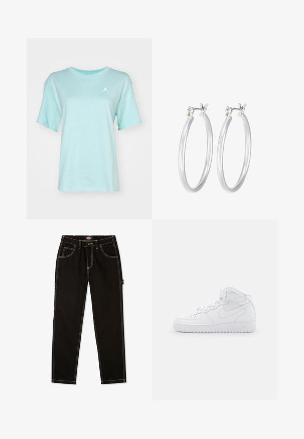 Light blue cotton t-shirt with short sleeves, round neckline, and a small white Jordan logo on the upper left chest. Smooth texture.; Black denim pants with contrast white stitching, five pockets, and a tab on the side. Standard fit, straight leg design.; White high-top sneakers made of leather with a padded collar, perforated toe, laces, and adjustable ankle strap; logo on the side.; Silver hoop earrings with a smooth, polished finish. Round shape and secure click-top closure. Lightweight design suitable for everyday wear.