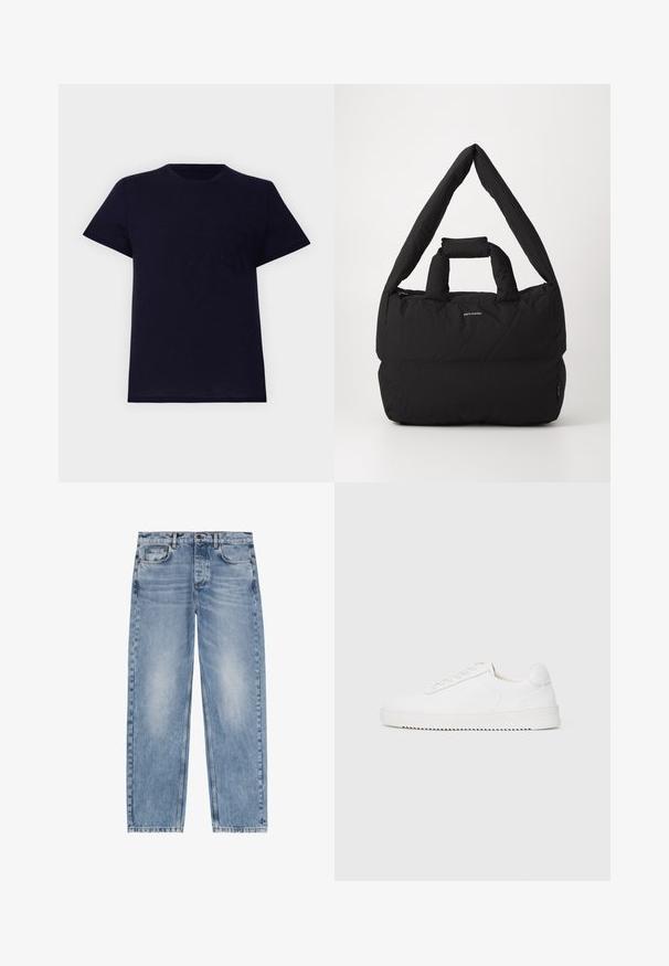 Camiseta de algodón azul marino con cuello redondo, mangas cortas y un pequeño bolsillo en el pecho. Presenta una textura suave y un ajuste relajado.; Vaqueros de mezclilla de pierna recta en azul claro con textura desgastada, bolsillos frontales, trabillas para cinturón y cierre de botón.; Zapatilla blanca con parte superior de cuero suave, puntera redondeada, cordones, acentos laterales texturizados y suela de goma gruesa. Diseño minimalista.; Bolsa acolchada negra con una amplia y suave correa para el hombro y un asa en la parte superior. Presenta un cierre con cremallera y un logo sutil en la parte frontal.