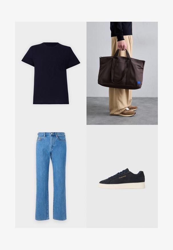 Tumši zila kokvilnas T-kreklu ar apaļu apkakli, īsām piedurknēm un mazu krūšu kabatu. Ievērojama ar mīkstu tekstūru un brīvu piegriezumu.; Gaiši zilie džinsu bikses ar taisnu kāju griezumu, piecu kabatu dizainu un pogu aizdari. Īpašības ietver smalkus šuvumu detaļas.; Navy zila zamšas zema augstuma kedas ar baltu zoli, navy krāsas auklām un "Filling Pieces" logo zeltā sānos.; Brūns neilona iepirkumu soma ar divām rokturiem, ar rāvējslēdzēju aizvēršanu un zilu logotipa uzlīmi. Gluda tekstūra, strukturēts dizains, plašs iekšējais nodalījums.