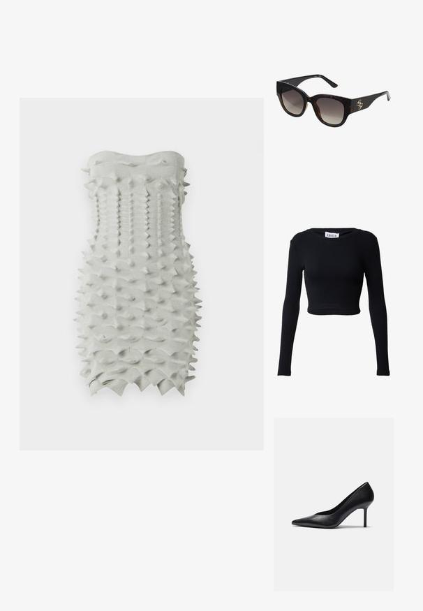 Schwarzes, tailliertes Langarmoberteil aus geripptem Stoff. Verfügt über einen runden Ausschnitt und eine enganliegende Passform, mit nahtlosen Kanten. Etikett trägt die Aufschrift "EDITED".; Figurbetontes, trägerloses Kleid aus strukturiertem, hellgrauem Stoff mit einem geometrischen, stacheligen Muster. Glatte obere Kante.; Schwarzer Leder-Pump mit hohem Absatz, spitzer Zehenform und schlankem Stiletto-Absatz, der eine glatte Textur und ein minimales Design aufweist.; Schildkrötenschildpatt-Sonnenbrille mit übergroßen rechteckigen Rahmen, Verlaufsgläsern und goldfarbener Logoakzentuierung am Bügel. Glattes Kunststoffmaterial.; Mango Armband - gold-coloured