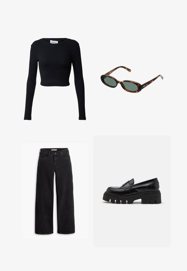 Zwarte, verkorte, langmouwige top van ribstof. Heeft een ronde halslijn en een aansluitend ontwerp, met naadloze randen. Etiket zegt "EDITED."; Zwarte wijde spijkerbroek van denim. Heeft een hoge taille, voorzakken en een rits met knoopsluiting. Soepele textuur.; Zwarte leren loafers met een chunky, gestructureerde platformzool en een decoratieve strap over de bovenkant. Gladde, glanzende afwerking.; schildpadbril met ovale monturen en groene lenzen. Heeft dunne spijlen met een metalen accent nabij de scharnieren.; Olijfgroene leren handtas met een ronde vorm, dubbele handvatten en een naadloze voorkant. Kenmerkt zich door een gladde textuur en subtiele stikdetails.