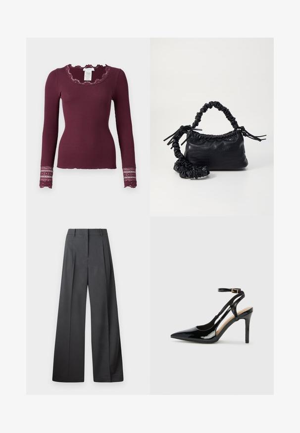 Rosemunde Topper langermet - winetasting; Vide bukser i mørkegrått stoff med høy livlinje, enkel press, og en glatt tekstur med en ren finish på ermekantene.; Svart lakkert høye hæler med åpen bakside og spiss tå, justerbar ankelrem og åpne sider. Jevn tekstur.; Svart faux skinn-håndveske med krokodilletekstur, strammet topp og en rynket stropp. Ser myk og kompakt ut i designen.