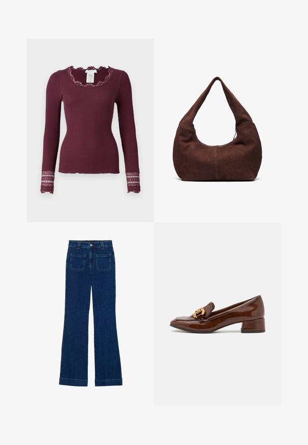 Rosemunde Langarmshirt - winetasting; Dunkelblaue Denim-Jeans im Schlagstil mit glatter Textur, Fünf-Taschen-Design und einem Knopfverschluss an der Taille.; Braune Lederloafers mit glänzender Oberfläche, ausgestattet mit einer dekorativen goldenen Schnalle an der Vorderseite und einem niedrigen Blockabsatz. Klassisches Design.; Braune Wildleder-Hobo-Tasche mit einem gebogenen, breiten Griff und einer großen Öffnung. Weiche Textur mit sichtbaren abgesteppten Details entlang der Kanten.