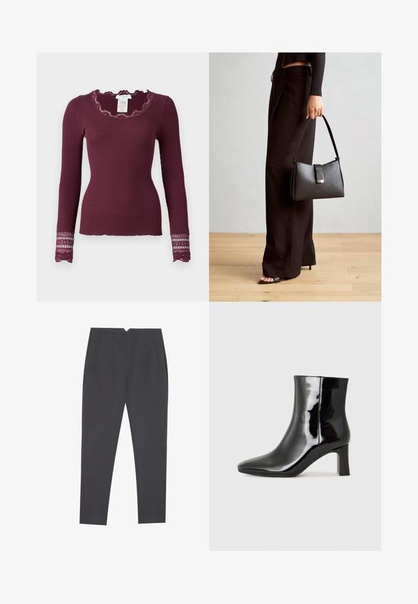 Rosemunde Long sleeved top - winetasting; Dark gray tapered trousers with side pockets and front pleats, designed for a tailored fit.; Black patent leather ankle boot with a pointed toe and a mid-height block heel. Smooth texture and minimalist design.; Black handbag with structured shape, smooth texture, and a metallic clasp. Paired with wide black pants and open-toe sandals on wooden floor.