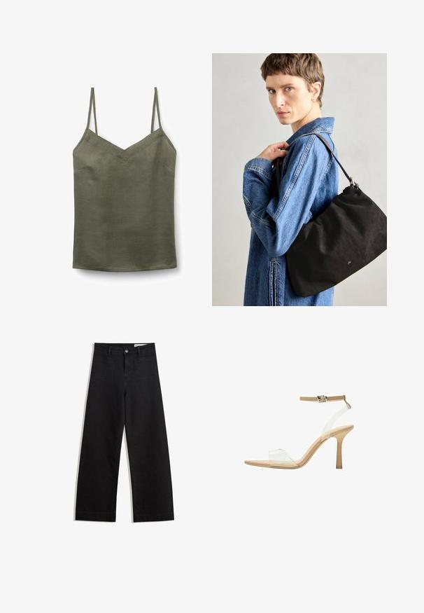 Olijfgroen, lichtgewicht tanktop met een V-hals en dunne verstelbare schouderbanden. Glad textuur met een subtiele glans en minimale stikdetails.; Zwarte denim broek met wijde pijpen en een hoge taille, voorzien van voor- en achterzakken, gestikte naden en een knoopsluiting. Gladde textuur.; Heldere sandaal met een doorzichtige bovenkant, beige voetbed en een slanke enkelriem. Voorzien van een spitse neus en een dunne hoge hak.; Zwarte suède handtas met een zachte, gestructureerde vorm, voorzien van een slanke leren schouderband en een subtiel merklogo. Model draagt een spijkerjack.