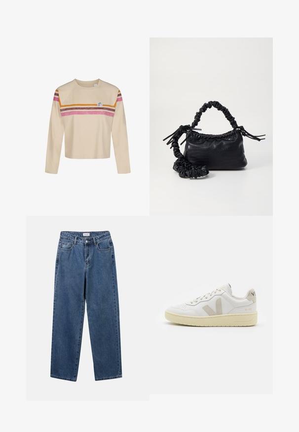 Beige Langarm-Crop-Top mit rundem Ausschnitt, das horizontale Streifen in Pink, Braun und Orange über der Brust und den Oberarmen aufweist, sowie ein kleines rundes Logo.; Klassische blaue Denim-Jeans mit geradem Bein, fünf Taschen und Knopfverschluss. Sie verfügen über eine mittelblau gewaschene Optik und sind aus robuster Textur.; Weiße Ledersneaker mit beigen Wildlederakzenten, perforierte Zehenbox, flache Schnürsenkel und eine strukturierte cremefarbene Sohle. Mit dezentem Branding an der Ferse.; Schwarze Handtasche aus Kunstleder mit Krokodilstruktur, gerafftem oberen Teil und einem geschoppten Tragegurt. Sie wirkt weich und kompakt im Design.