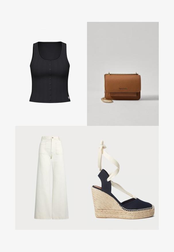 Fekete ujjatlan top, mély kivágással, bordás textúrával és hat gombból álló sorral az elején. Díszvarrással az éleken.; Széles szárú farmernadrág off-white denim anyagból. Magas derekú dizájn, gombos záródással, két elülső zsebbel és kontrasztos varrási részletekkel.; Tengerészkék vászon wedge szandál espadrille kötésű talppal és krém színű szalagos megkötővel a bokán. Zárt sarokkal és kerek orral rendelkezik.; Barna textúrájú bőr keresztbody táska arany lánc pánttal és fedélzárral. Az elején logó részlet és egy zseb található a fedél alatt.