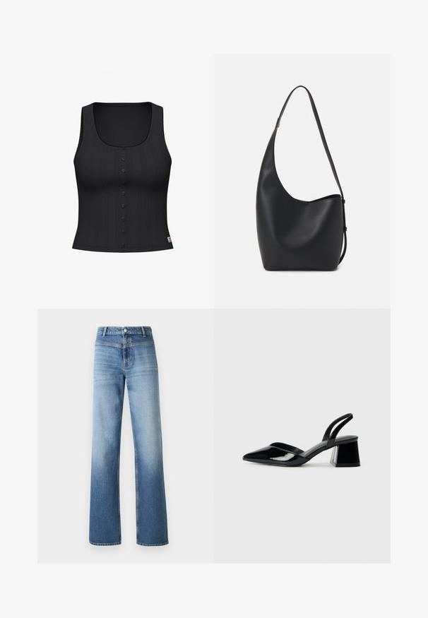 Svart t-skjorte med dyp utringning, ribbestruktur, og en rad med seks knapper foran. Har dekorativ søm langs kantene.; Lyseblå denim jeans med høy midje, rett ben-design, falmet vask og klassisk fem-lommet stil. Avsluttet med knappelukking.; Svarte patentlær slingback hæler med spiss tå og geometrisk blokk hæl. Har et stilrent, minimalistisk design og jevn tekstur.; Svart lær hobo-veske med glatt tekstur, buet form og enkelt justerbart stropp; har en bred åpning på toppen.