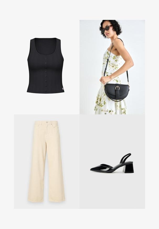 Juodas tank top'as su apvaliu kaklu, su raštuota tekstūra ir šešių mygtukų eile priekyje. Apkarpytos siūlės suteikia dekoratyvinį akcentą.; Bežinės plačios kojos džinsai, pagaminti iš medvilnės. Turintys sagos uždarymą, diržo kilpas ir priekinės kišenes su lygia, švelnia tekstūra.; Juodos lakuotos odinės šlepetės su smailiu pirštu ir geometriniu bloko kulnu. Turi elegantišką, minimalistinį dizainą ir lygų paviršių.; Juodas odinis krepšys su išlenkta forma, nuimamu dirželiu ir auksiniais detalėmis. Krepšys turi kilpą su sagtimi.