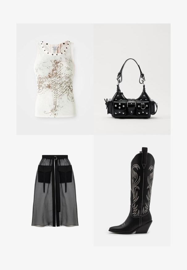 Sleeveless light-colored tank top with decorative gold patterns and stud accents around the neckline. Smooth, soft fabric texture.; Black cropped jacket made of smooth satin. Features wide sleeves, a rounded neckline, and a front tie closure. No visible patterns or accents.; Black sheer skirt with a gathered waistband, featuring two large front pockets, a waist tie, and a circular metal accent.; Black leather cowboy boots with pointed toes, wedge heels, and silver embroidered floral patterns along the shaft. Contrast stitching throughout.; Black leather handbag with a curved design, featuring silver studs, a buckle, and two side pockets. Adjustable strap for carrying options.