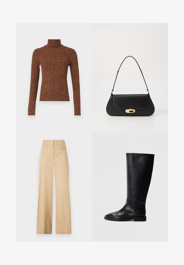 Brun langermet genser med høy hals med blomsterdesign i svart. Materialet er ribbestrikket, noe som gir et strukturert utseende.; Beige vidje bukser laget av bomullsblandingsmateriale. Har en jevn tekstur, elastisk midjebånd og en sideknappdetalj.; Sorte skinnhøye støvler med rund tå, glatt tekstur, minimalistisk design og flat såle. Enkle sømdetaljer på skaftet.; Svart lærveske med en buet design, gullfarget hardware og et håndtak på toppen. Har en elegant lukking og glatt tekstur.