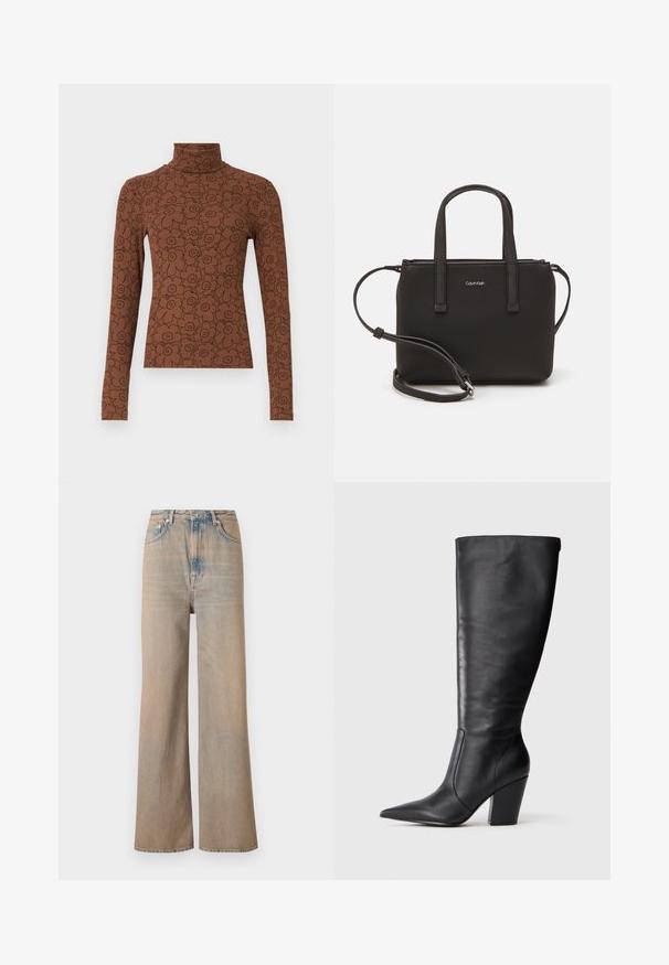 Pruun pikaaärisega kõrge kaelusega särk, millel on must lillemuster. Materjal on ribalik, pakkudes tekstuurset välimust.; Heled pesu laiad püksid kõrge taljega, valmistatud denimist. Omavad peent õmblust ja viit taskut ning neil on veidi kulunud tekstuur.; Mustad musta nahkasaapad, millel on terav nina ja paks kõrge konts, esitatud vasakult külje profiilis valgel taustal.; Musthave mustrans vöö ja eemaldatav õlarihm. Gludike nahk siledaga, millel on tõmblukk ja logo detail.