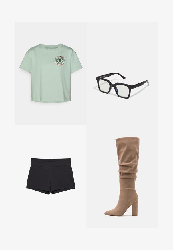 Svetlozelené tričko s krátkym rukávom vyrobené z bavlny, na prednej strane s oblejším kvetinovým logom a nápisom "Fjällräven Sweden 1960."; Čierne, priliehavé šortky so širokým pásom, vyrobené z mäkkého, pružného materiálu. Lemovanie je hladké bez viditeľných zapínaní alebo vzorov.; Anna Field Čižmy - beige; Čierne slnečné okuliare s matným povrchom, so priehľadnými šošovkami a jemným modrým odtieňom na jednej strane. Robustný, uhlový dizajn.; PULL&BEAR SHOPPER - Veľká kabelka - grey