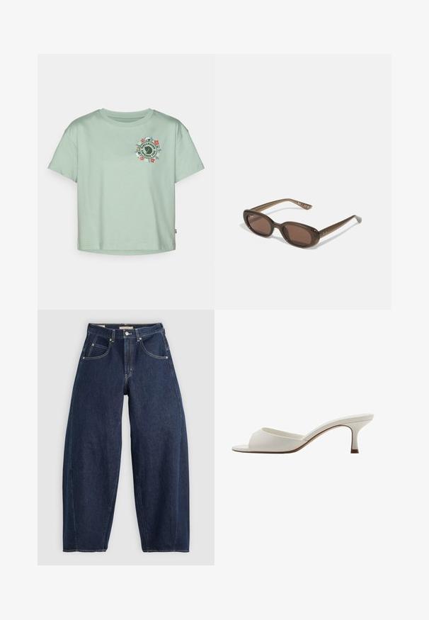 Camiseta de manga corta verde claro hecha de algodón, con un logo floral circular en el frente que dice "Fjällräven Suecia 1960."; Jeans de mezclilla azul oscuro con un ajuste holgado, costuras claras, cinco bolsillos y un cierre de botón en la cintura.; Mules de tacón alto, abiertos por delante y de color blanco, con un acabado suave, diseño minimalista y un tacón delgado, que presentan un sutil acento marrón en la suela.; Gafas de sol ovaladas marrones con lentes oscuros. La montura está hecha de un material marrón transparente y presenta un logo impreso en las patillas.; Bolso de mano de cuero verde con una textura suave, forma curva y asa trenzada. Cuenta con un cierre de cremallera y una correa ajustable.