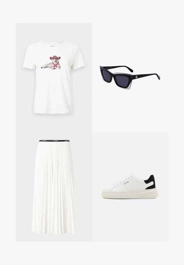 Weißes Baumwoll-T-Shirt mit einem Druck eines Leoparden, der einen roten Cowboyhut und ein Halstuch trägt. Kurzärmlig und lässige Passform.; Faltenrock aus Weiß mit einem schwarzen elastischen Bund, der das "LACOSTE"-Logo trägt. Mittellanges Design mit weicher Textur.; Weiße Leder-Sneaker mit einer dicken weißen Sohle, schwarzem Wildlederakzent an der Ferse und geprägtem Logo an der Seite. Schnürdesign mit sechs Ösen.; Schwarze übergroße Sonnenbrille mit geometrischer Form, ausgestattet mit dunklen Gläsern und einem kontrastierenden grauen Detail im Rahmen. Logo am Bügel.