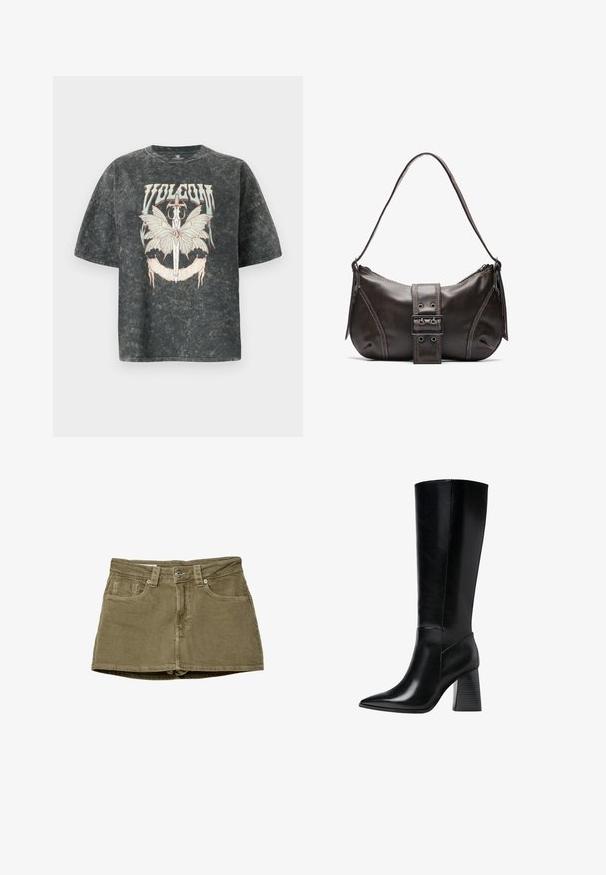 Volcom VOLTRIP TEE - Tričko s potlačou - vintage black; Olivovozelená denimová minisukňa s prednými vreckami, rovný strih a zapínanie na gombík. Mäkká textúra s viditeľnými švovými detailmi.; Čierne kožené boty po kolená s špicatou špičkou, hladkou textúrou a hrubým, drážkovaným podpätkom pre stabilitu. Elegantný dizajn s minimálnymi akcentmi.; Hnedá kožená taška cez plece s zakriveným tvarom, s výrazným detailom sponky, kontrastným prešívaním a jedným popruhom na plece.