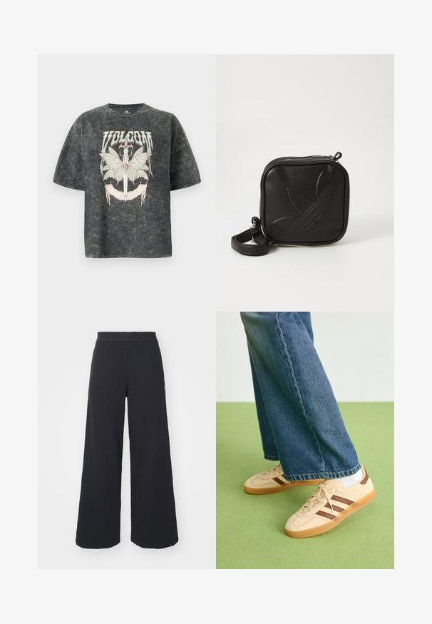 Volcom VOLTRIP TEE - Camiseta estampada - vintage black; Pantalones de chándal negros de pierna ancha, hechos de una tela suave, con una cintura elástica y un pequeño logo en el lado izquierdo.; Zapatillas beige con paneles de crema texturizados y rayas marrones, combinadas con unos jeans de mezclilla azul. Los jeans tienen un corte de pierna ancha y dobladillo deshilachado.; Bolso cruzado negro hecho de material sintético texturizado. Presenta un diseño de logo en relieve y correa ajustable. Cierre con cremallera.