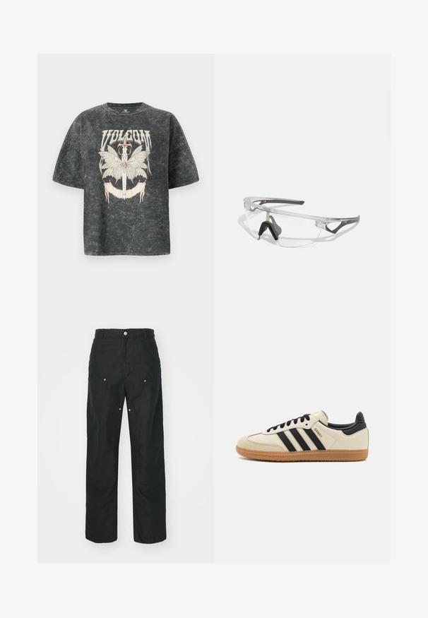Volcom VOLTRIP TEE - Nyomott mintás póló - vintage black; Fekete nadrág, egyenes lábbal, textúrált anyagból készült. Dekoratív ezüst hardware-rel és egyedi varrási részletekkel rendelkezik.; Beige sportcipő fekete csíkokkal, gumi talppal és fekete részletekkel. Simára cserzett bőr felsőrésze és kerek orra van.; Áttetsző, könnyű keretes biztonsági szemüveg szürke kiegészítőkkel. Wraparound kialakítással és állítható orrnyereggel rendelkezik.