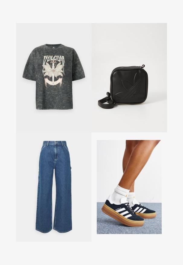 Volcom VOLTRIP TEE - Print T-shirt - vintage black; Wide-leg blue denim trousers with a high waist, contrasting stitching, and side pockets, featuring a classic five-pocket design and raw hems.; Black suede sneakers with white stripes and accents, rounded toe, gum rubber outsole, paired with white ribbed crew socks.; Black square crossbody bag made of textured synthetic material. Features an embossed logo design and adjustable strap. Zipper closure.