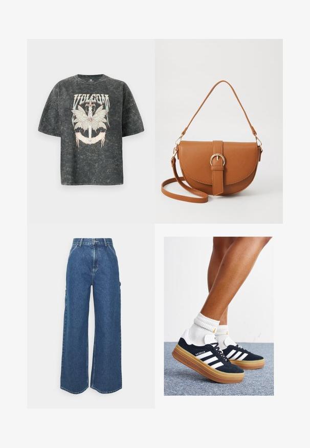 Volcom VOLTRIP TEE - T-Shirt print - vintage black; Weite blaue Denim-Hosen mit hoher Taille, kontrastierenden Nähten und Seitentaschen, ausgestattet mit einem klassischen Five-Pocket-Design und rohen Säumen.; Schwarze Wildledersneaker mit weißen Streifen und Akzenten, rundlicher Zehenbereich, Sohlen aus braunem Gummi, kombiniert mit weißen, gerippten Sneakersocken.; Braune Leder-Crossbody-Tasche mit geschwungener Form, goldfarbenen Beschlägen und einer Schnallenakzentuierung. Verfügt über einen abnehmbaren Schultergurt.