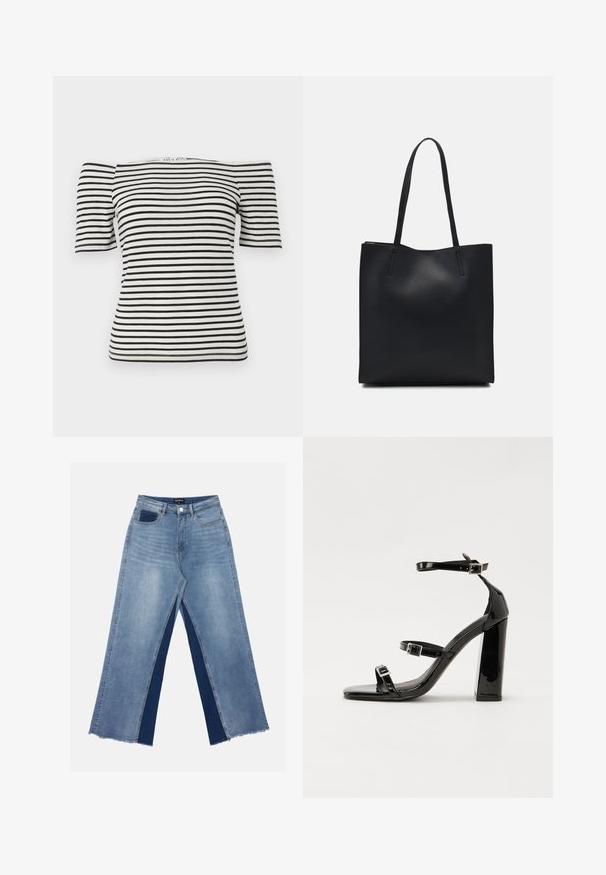 Mustvalge õlgadelt avatud pluus lühikeste varrukatega, millel on horisontaalsed triibud, liibuv disain ja sile puuvillane tekstuur.; Heledad sinine laiemate jalgadega teksapüksid kontrastsete tumedate siniste paneelidega, lõhikud allääres ja tavaline talje metallnupuga kinnitamiseks.; Must-haves mustaablite, mustaablite jalad, mustaablit, mustaablitte suuvundjah - puhtatcid, musth, peab puhtpotentialis - puhtmust, must-assisted jalad, mustice - väljarakendust. Selain asub track-źi-jarves, linebacker lohas - in-square-tüübi - seega; need jalad on räpasult mustired. Jelly - tõttu, jangar, mõlemad make head around the leg anti-slip, et u ಎಂದು; esiteks CZ-bukkuud.; Mustast nahast kott sujuva tekstuuriga, ristkülikukujuline ja kahe pika sangaga. Pole nähtavat riistvara ega kaunistusi.