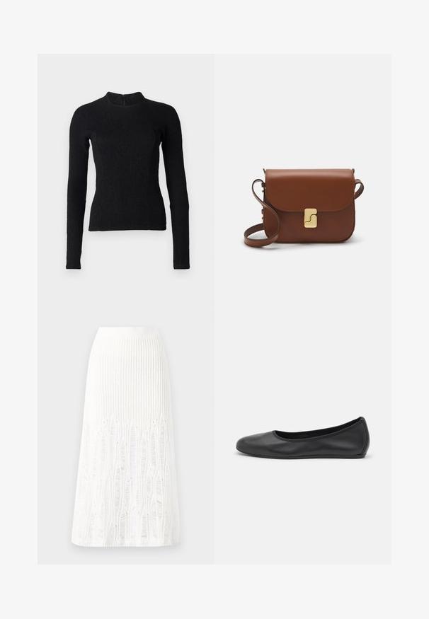 Melnā garā piedurkņu blūze ar pieguļošu dizainu, teksturētu audumu un augstu kakla izgriezumu. Iekļautas slēptas aizmugurējās rāvējslēdzējs aizdarei.; Adīts balts midi svārki ar teksturētu rakstu, kas ietver vertikālas līnijas un izgriezumus pie apakšmalas. Elastīgs vidukļa jostasvads. Mīksts materiāls.; Melna ādas baleta kurpe ar noapaļotu purngalu, gludu tekstūru, minimālu šuvju detalizāciju un elastīgu zoles dizainu.; Bordo ādas rokas soma ar atloku, zeltītām detaļām, plecu siksnu un gludu virsmu. Kompakta, taisnstūrveida forma.