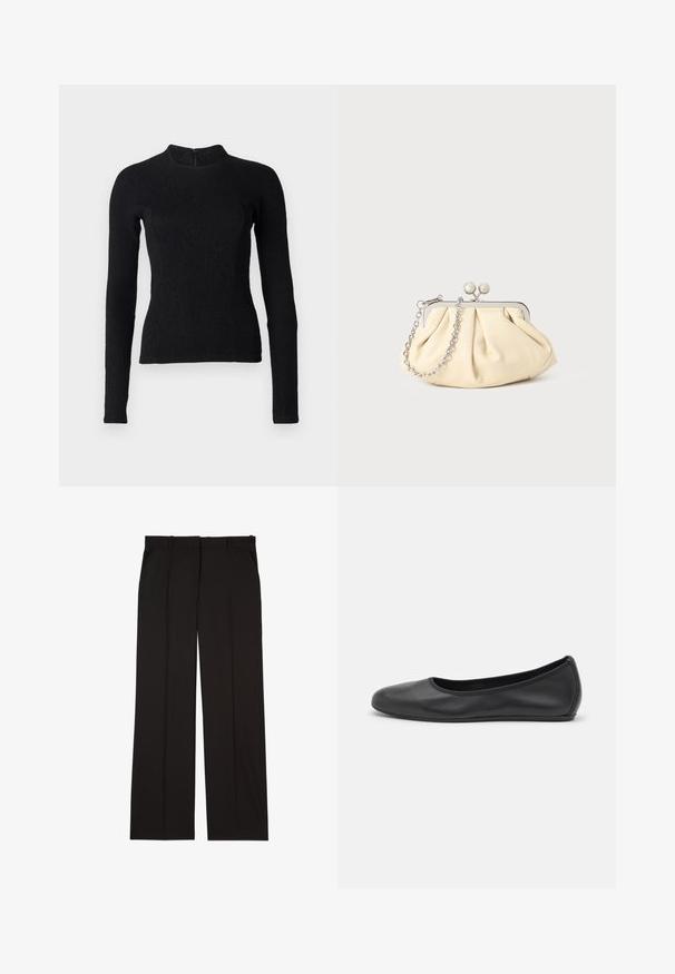 Sort langærmet top med en tætsiddende pasform, tekstureret stof og høj halsudskæring. Har en skjult lynlås på ryggen til lukning.; Sorte skræddersyede bukser lavet af et glat stof, med et lige ben-design og to sidelommer. Elegant og minimalistisk konstruktion.; Sort læderballetsko med rund tå, glat tekstur, minimal syning og et fleksibelt såldesign.; Plisseret beige læderclutch med en sølvmetalramme, der har to runde dekorative låse og en sølvkædetrasporte.