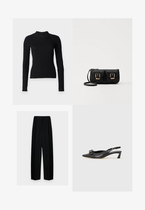 Juodas ilgomis rankovėmis viršus su prigludusia forma, tekstūruotu audiniu ir aukštu apykakle. Yra paslėptas užtrauktukas nugaroje.; Juodos plačios kelnės su aukštu liemeniu, su klostėmis ir glotnia tekstūra. Medžiaga atrodo lengva ir dailiai krenta.; Juodas odinis slingback batelis su smailiu nosiu, maža pakulne ir dekoratyvine sagtimi viršuje. Lygus paviršius, minimalistas dizainas.; Juodas odinis per petį nešiojamas krepšys su dviem priekiniais kišenėmis, auksiniais sagtimis, užtrauktuko uždarymu ir siauromis petnešomis. Textūruota paviršius ir kompaktiškas stačiakampis formatas.