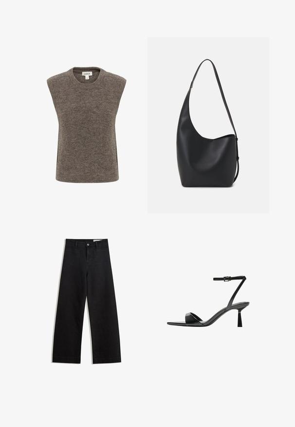 Hihaton villatakki, valmistettu pehmeästä ruskeasta neulemateriaalista. Omaaa pyöreän kaula-aukon, rennon leikkauksen ja hienovaraisen tekstuurin koko matkalta.; Mustat leveät farkut korkealla vyötäröllä, joissa on etu- ja takataskut, ommellut saumat ja nappisuljenta. Silkinoinen rakenne.; Bershka Korolliset sandaalit - black; Musta nahkainen hobo-laukku, jossa on sileä pinta, kaareva muoto ja yksi säädettävä olkahihna; sisäänkäynti on leveä ylhäältä.