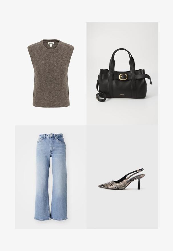 Bez rukava, pulover napravljen od mekog smešnog pletenog materijala. Ima okruglu izrezanu vrat, opuštenu siluetu i suptilnu teksturu kroz cijeli komad.; Svijetloplave traperice visokog struka širokih nogavica s prednjim i stražnjim džepovima, kopčanjem na gumbi i suptilnim izblijedjenjem na bedrima i rubovima.; Cipele s otvorenom petom i špicastim prstom izrađene od teksturiranog materijala sa uzorkom zmijske kože, s tankim crnim potplatom i izrezanim dizajnom sa strane.; Crna kožna torba s strukturiranim dizajnom, dvostrukim gornjim ručkama, zlatnim kopčom kao naglaskom i utisnutim logotipom marke sprijeda.