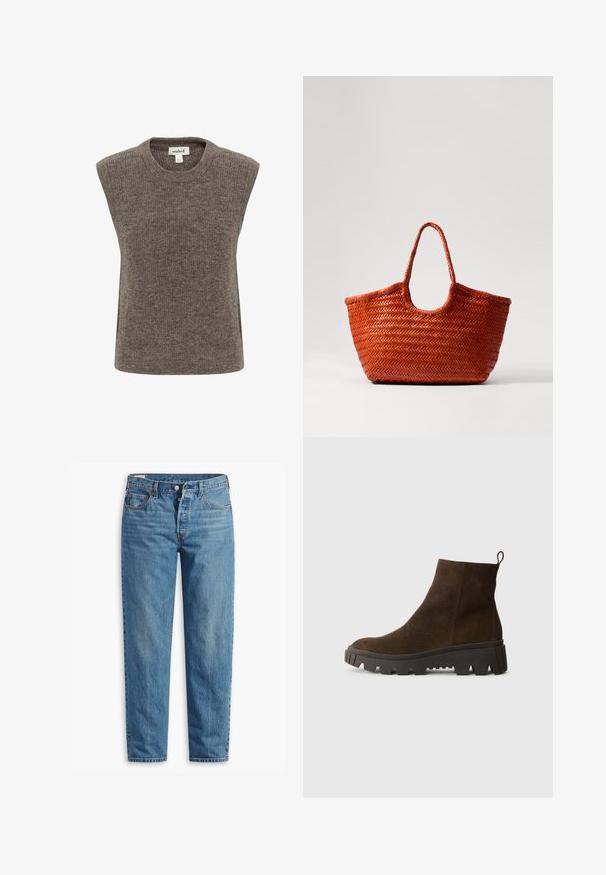 Ujjatlan pulóver, puha barna kötött anyagból készült. Kerek nyakkivágással, laza szabással és finom textúrával rendelkezik.; Kék farmernadrág, egyenes fazonnal, cipzáros záródással, két elülső zsebbel és finom kopásnyomokkal az anyagon.; Barna velúr bokacsizma masszív fekete gumitalppal, enyhén sarokkal és hátul elhelyezett húzófüllel a könnyű felvétel érdekében.; DRAGON DIFFUSION NANTUCKET BASKET BIG - Kézitáska - naranja