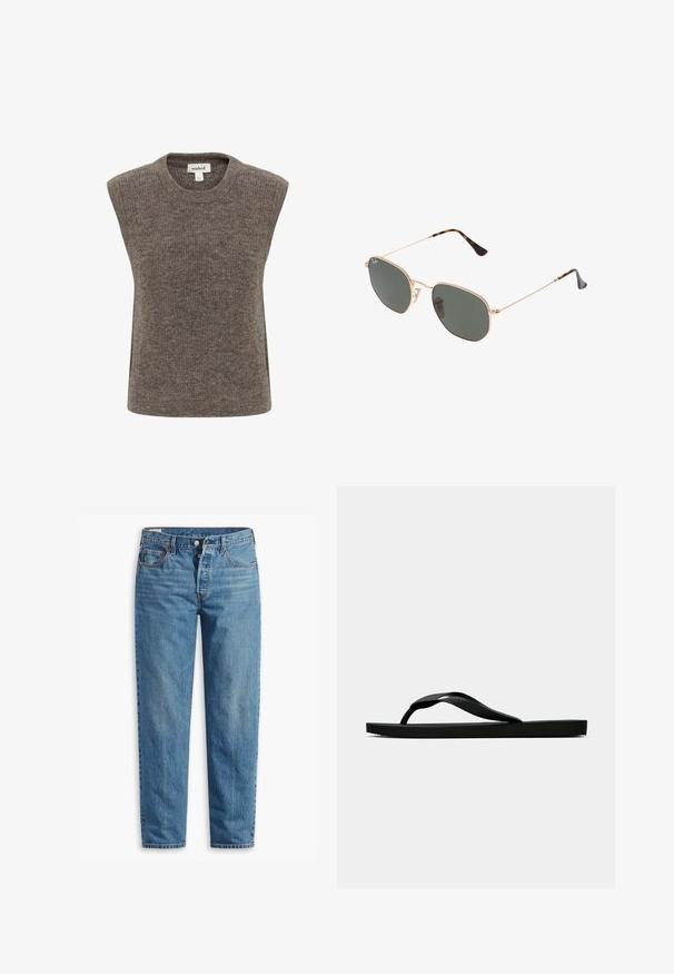 Bez piedurknēm puloveris, izgatavots no mīksta brūna adījuma materiāla. Iezīmē apaļu kakla izgriezumu, brīvu piegriezumu un vieglu faktūru visā virsmā.; Zilā džinsu bikses ar taisnu kāju piegriezumu, ar rāvējslēdzēju, divām priekšējām kabatām un maigu izbalēšanu visā audumā.; Melna gumijas flip-flop sandaļa ar teksturētu nolaists jostu un vienkāršu plakanā zole, attēlota no sāniem uz vienkārša gaiša fona.; Zelta metāla rāmis saulesbrilles ar tumši zaļiem stikliem, aviator stils, ar šaurām kājām un bruņu akcentiem uz galiem.