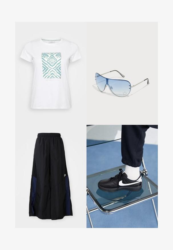 Camiseta blanca de algodón con un patrón abstracto central en turquesa, que presenta formas de zigzag y diamante, enmarcado por un borde metálico.; Pantalones de pierna ancha negros, confeccionados en una tela ligera, con un panel lateral azul marino y una cinturilla elástica. Logotipo blanco pequeño en la parte inferior.; Zapatillas Nike negras con acentos blancos, con una textura de cuero suave, diseño de cordones y punta redondeada, colocadas sobre una silla de cristal.; Gafas de sol tipo aviador con lentes azul degradado, montura de metal plateado y acentos decorativos de estrellas en los lentes. Diseño suave y elegante.