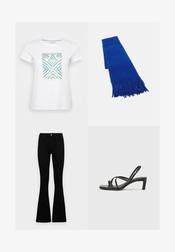 Biała bawełniana koszulka z centralnym turkusowym abstrakcyjnym wzorem z kształtami zygzaków i diamentów, otoczona metaliczną ramką.; Czarne, wysokie dżinsy z guzikem i zamkiem błyskawicznym, z przednimi kieszeniami i rozszerzanymi nogawkami, leżące płasko na białym tle.; Czarne sandały na obcasie z prostokątnym noskiem i niskim słupkowym obcasem. Posiadają wiele cienkich pasków i regulowany pasek na kostkę. Wykonane z gładkiej skóry.; Niebieski pleciony szalik z frędzlami na końcach, gładka tekstura, prostokątny kształt i jednolity kolor na całej powierzchni. Odpowiedni na zimną pogodę.; Srebrna obrączka podwójna z gładką, polerowaną powierzchnią. Posiada płynny, zakrzywiony kształt z nakładającymi się sekcjami, co nadaje nowoczesny wygląd.