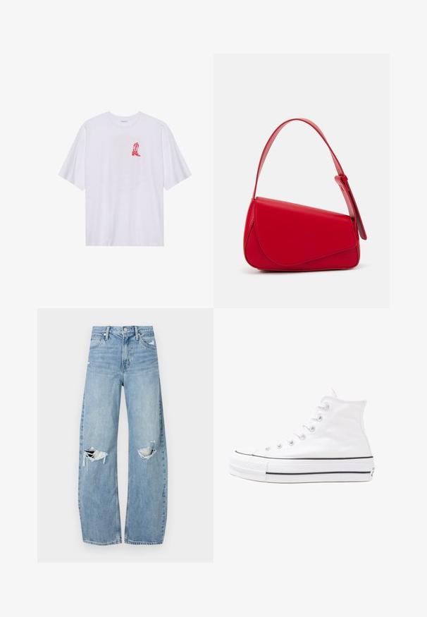 Witte katoenen t-shirt met korte mouwen, voorzien van een rode cowboylaars graphic aan de linkerzijde van de borst. Zachte textuur, ontspannen pasvorm.; Lichtblauwe, hooggeritste jeans van denim. Beschikken over wijde pijpen, twee gescheurde knievalken en klassieke vijfzakken styling.; Witte high-top canvas sneakers met een zwarte rubberen zool, een rubberen neuskap aan de voorkant en zes gaatjes voor veters, met een schone, minimalistische uitstraling.; Rode leren handtas met een hoekig, geometrisch ontwerp. Beschikt over een enkele verstelbare schouderriem en een klepclosure met gestikte details.