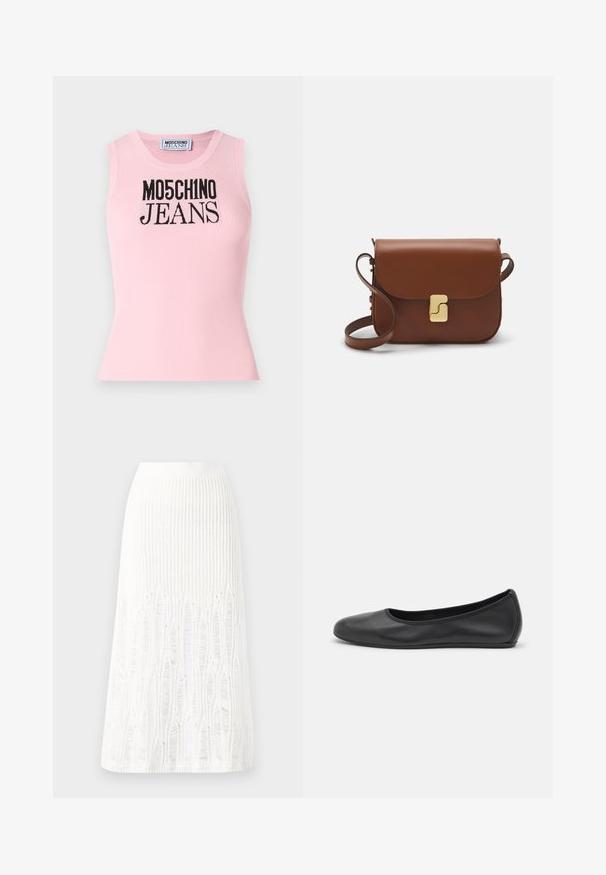 Top de halter rosa com textura, apresentando um design ajustado e um logo preto "MO5CH1NO JEANS" na frente. Decote arredondado e estilo sem mangas.; Saia midi branca de malha com um padrão texturizado com linhas verticais e detalhes recortados perto da bainha. Cintura elástica. Material suave.; Bailarina preta em pele com bico arredondado, textura suave, detalhe de costura minimalista e design de sola flexível.; Bolsa de couro castanho com fecho de aba, decoração em tom dourado, alça de ombro e textura suave. Formato retangular compacto.
