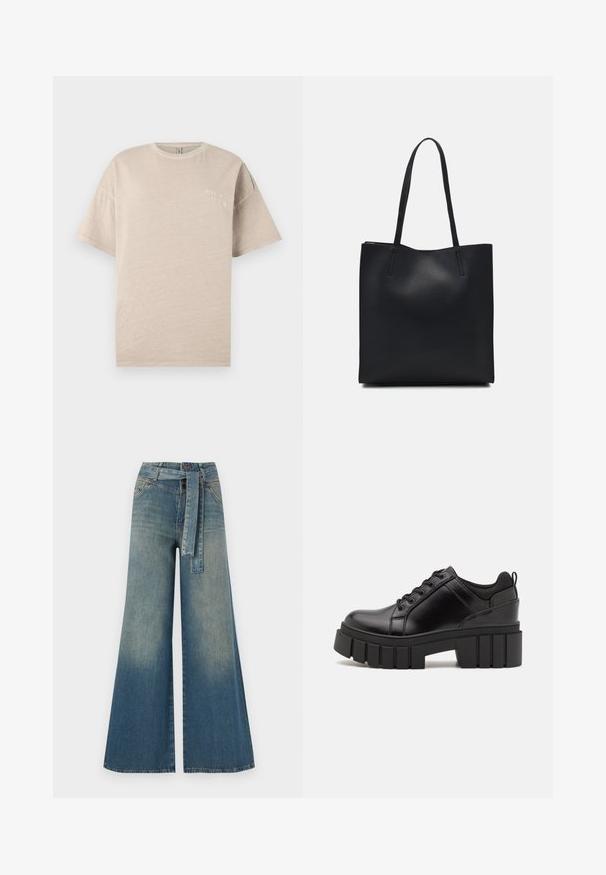 Béžové bavlněné tričko s krátkým rukávem, kulatým výstřihem a malým bílým potiskem "BORN IN HEAVEN" na hrudi. Hladká textura.; Džínové kalhoty širokého střihu s přechodem od světlé k tmavě modré, vysokým pasem, poutky na opasek a odpovídajícím opaskem ze stejného materiálu. Texturovaná džínovina.; Černé kožené platformové boty s masivním blokovým podpatkem, kulatou špičkou a tradičním šněrováním. Mají hladký povrch a minimální detaily.; Černá kožená taška přes rameno s hladkým povrchem, obdélníkovým tvarem a dvěma dlouhými uchy. Žádné viditelné kování ani ozdoby.
