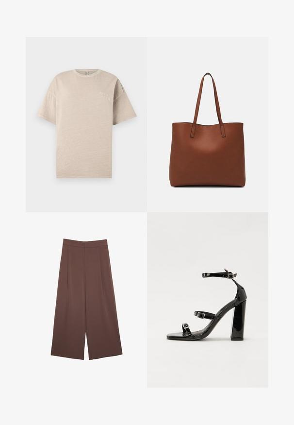 Vaaleanbeige puuvillainen t-paita lyhyillä hihoilla, pyöreällä kaula-aukkolla ja pienellä valkoisella painatuksella "BORN IN HEAVEN" rinnassa. Sujuva pinta.; Ruskeat leveälahkeiset housut, joissa on sileä pinta, korkea vyötärö ja etupleat. Kangas on kevyttä ja laskeutuu väljänä.; Musta kiiltävä korkokenkä sandaalit neliönmuotoisella varpaalla, nilkkaremmillä ja hopeisilla soljilla. Varustettu tukevalla lohkokorkealla vakauden takaamiseksi.; Ruskea nahkainen olkalaukku, jossa on sileä pinta, avoin yläosa ja kaksi olkahihnaa. Omaavat vain minimaalisen ompelun eikä näkyvää metalliosaa.