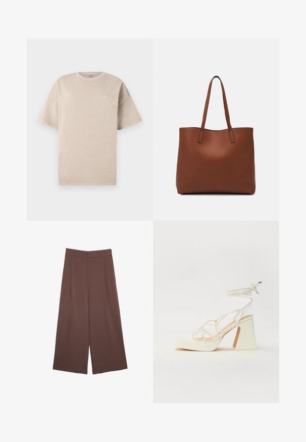 Bež pamukasta majica kratkih rukava, okruglog izreza, s malim bijelim tiskanim natpisom "ROĐEN U RAJU" na prsima. Glatka tekstura.; Smeđe hlače širokog kroja s glatkom teksturom, koje imaju visok struk i nabore sprijeda. Tkanina je lagana i slobodno se kreće.; Bijela sandala na visokoj potpetici s debelim petom, s remenom i vezanjem oko gležnja. Glatka tekstura s platformom sprijeda za dodatnu visinu.; Smeđa kožna torba preko ramena s glatkom teksturom, otvorenim vrhom i dvjema naramenicama. Ima minimalne šavove i nema vidljivog hardvera.