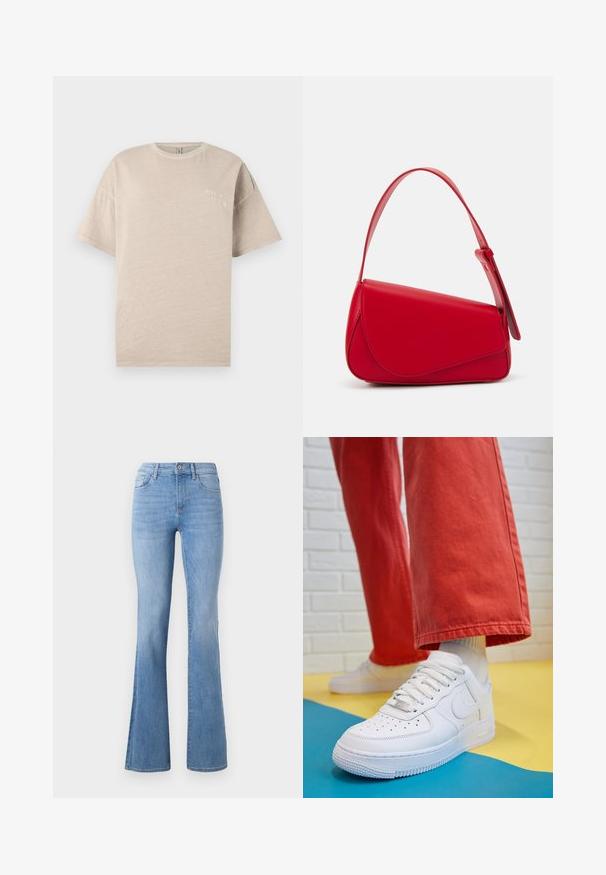 Beige cotton t-shirt with short sleeves, crew neckline, and a small white printed text "BORN IN HEAVEN" on the chest. Smooth texture.; Light blue flared jeans featuring a mid-rise waist, classic five-pocket design, and subtle fading along the legs. Denim fabric texture.; White leather sneaker with perforated toe box, textured sole, and white laces, paired with wide red pants and a blue and yellow background.; Red leather handbag with an angular, geometric design. Features a single adjustable strap and a flap closure with stitched detailing.