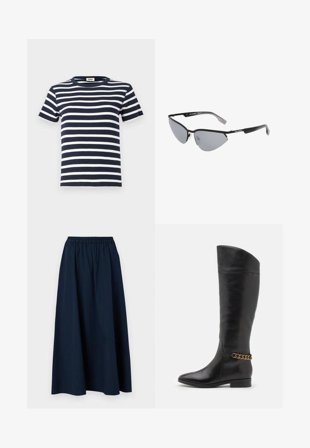 Tumesinine ja valge triibuline T-särk, mis on valmistatud soonikust kangast, ümarate kaeluste ja lühikeste varrukatega. Kujundus rõhutab horisontaalseid jooni.; Tumedat sinine, põrandapikkune seelik, mis on valmistatud tekstuurilisest kangast, millel on elastne vöökoht ja kerged püstised triibud.; Kõrged mustad nahast saapad, millel on stiilne disain, terav nina ja kuldne kett aktsent pahkluul. Madal plokk-konts. Sile tekstuur.; Mustad musta värvi päikeseprillid nurkse, kassisilma disainiga. Hõbedased peegeldavad läätsed. Ülimalt kerged plastikraamid, millel on templites peen bränding.