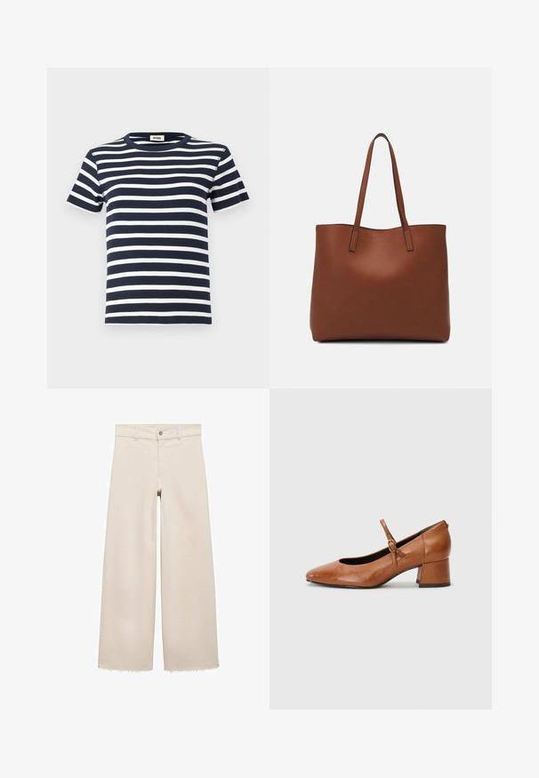Tricou cu dungi bleumarin și alb, realizat dintr-un material ribat, cu guler rotund și mâneci scurte. Designul evidențiază liniile orizontale.; Jeans bej cu picioare largi și talie înaltă, cu închidere cu buton, buzunare frontale și tiv desfăcut. Fabricate din material denim.; Tamaris Pantofi clasici cu toc - cognac; Geantă de umăr din piele maro cu o textură netedă, design cu vârf deschis și două curele pentru umăr. Prezintă cusături minime și fără componente metalice vizibile.