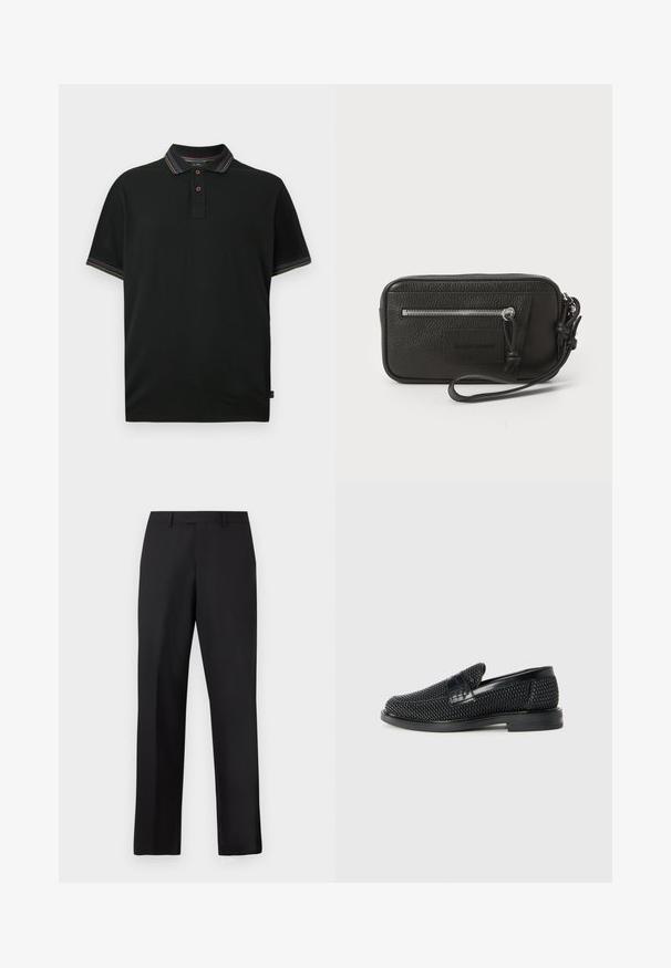 Mustvalge polo särk, millel on kaks nööpi, ja mis on kaunistatud mitmevärvilise triibulise äärisega krael ja varrukate mansetil, valgel taustal.; Mustad, sirge lõikega püksid, mis on valmistatud siledast kangast. Omavad tavalist vöökirja ja puuduvad nähtavad mustrid või aksendid.; Must musta kootud slip-on king, millel on pehme nahast accent ülaserval, ümmargune varvas ja madal profiiliga kummitald.; Must musta nahk-käekott tekstureeritud pinnaga, ees suure tõmblukuga tasku ja eemaldatav randmepael. Esiküljel on logo-patch. Ristkülikukujuline.