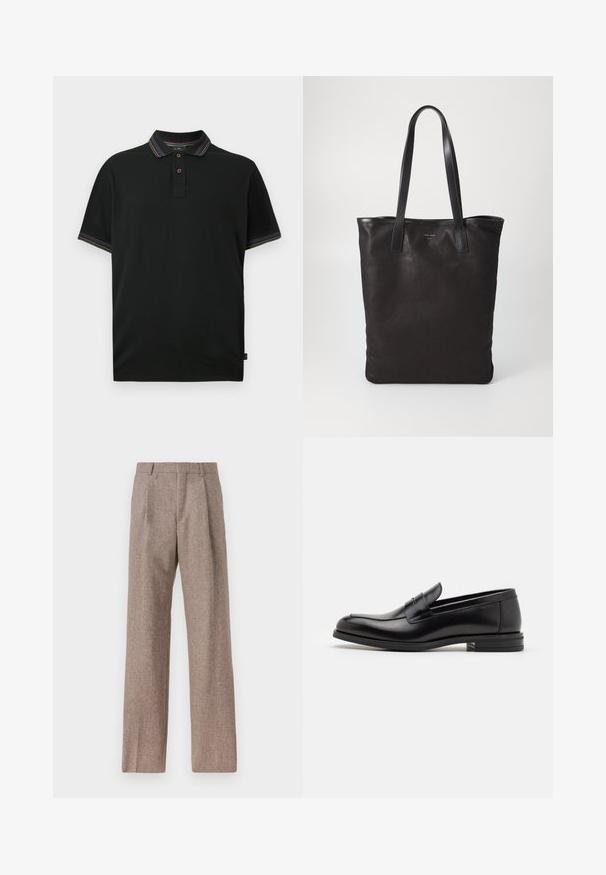 Černé polo tričko se dvěma knoflíky, s multicolor pruhovaným lemem na límci a rukávech, vystavené na bílém pozadí.; Hnědé kalhoty s vysokým pasem vyrobené z texturované látky. Mají široké nohavice a dva přední sklady pro strukturu. Úhledné provedení bez viditelné kovových částí.; Černé kožené polobotky s hladkou texturou, zaoblenou špičkou a zdobným páskem přes nárt. Nízký stohovaný podpatek, minimalistický design.; Černá plátěná taška s černými koženými uchy. Jednoduchý design, prostorné tělo a hladký povrch. Žádné viditelné loga ani vzory.