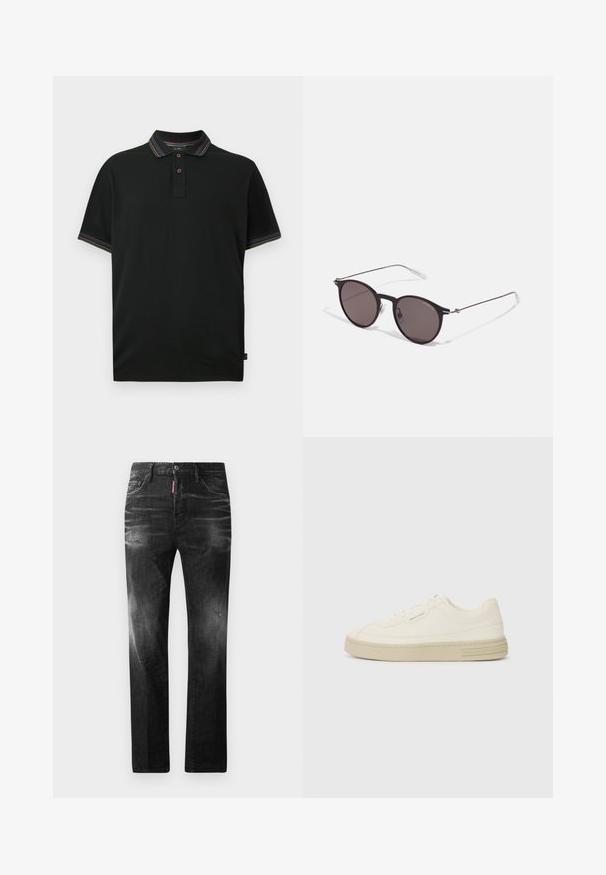 Čierne polo tričko s dvojitým gombíkom, s farebnými pruhovanými lemami na golieri a rukávoch, vystavené na bielom pozadí.; Čierne denimové džínsy so štandardným strihom. Obsahujú vyblednuté oblasti, drobné opotrebenie, klasický dizajn s piatimi vreckami a zapínanie na gombík.; Biele plátenné tenisky s textúrovanou gumovou podrážkou, so šitým špičkovým krytom a logom na päte. Jednoduchý dizajn so šnurovaním.; Čierne okrúhle slnečné okuliare s tmavými sklami a tenkými kovovými ramenami. Obsahujú priehľadné konce rámov a strieborné akcenty na pántoch. Minimalistický dizajn.