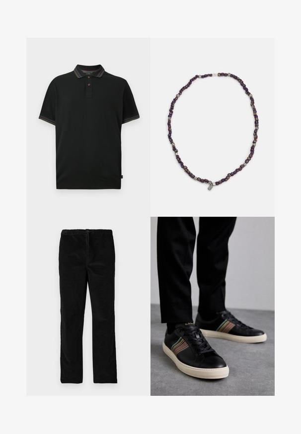 Black polo shirt with two buttons, featuring multicolored striped trim on collar and sleeve cuffs, displayed on a white background.; Black straight-leg velvet pants with elastic waistband and front drawstring, displayed against a plain white background.; Black leather sneakers with multicolored striped accents, round toe, and white rubber soles, featuring lace-up design and embossed branding.; Multicolored beaded necklace with dark blue, red, and yellow beads, interspersed with silver accents and a dangling charm.
